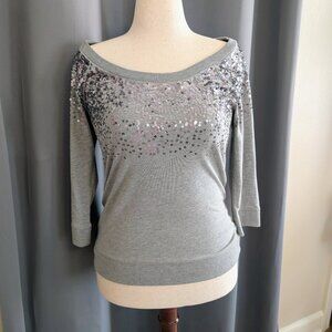 DKNY Jeans XS gray silver sequined off the shoulder 3/4 sleeve top EUC